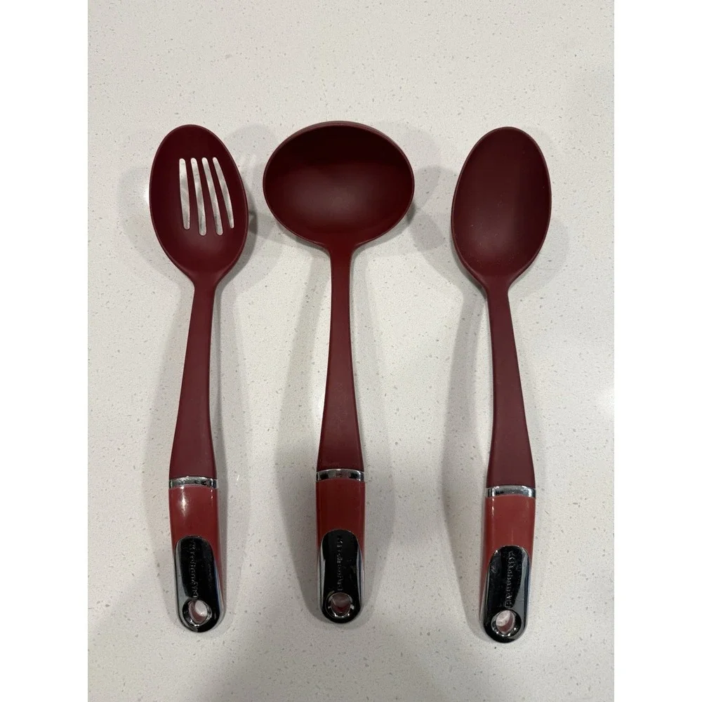 Kitchenaid Lot Of 3‎ Serving Utensils Maroon Slotted Spoon, Spoon & Ladle